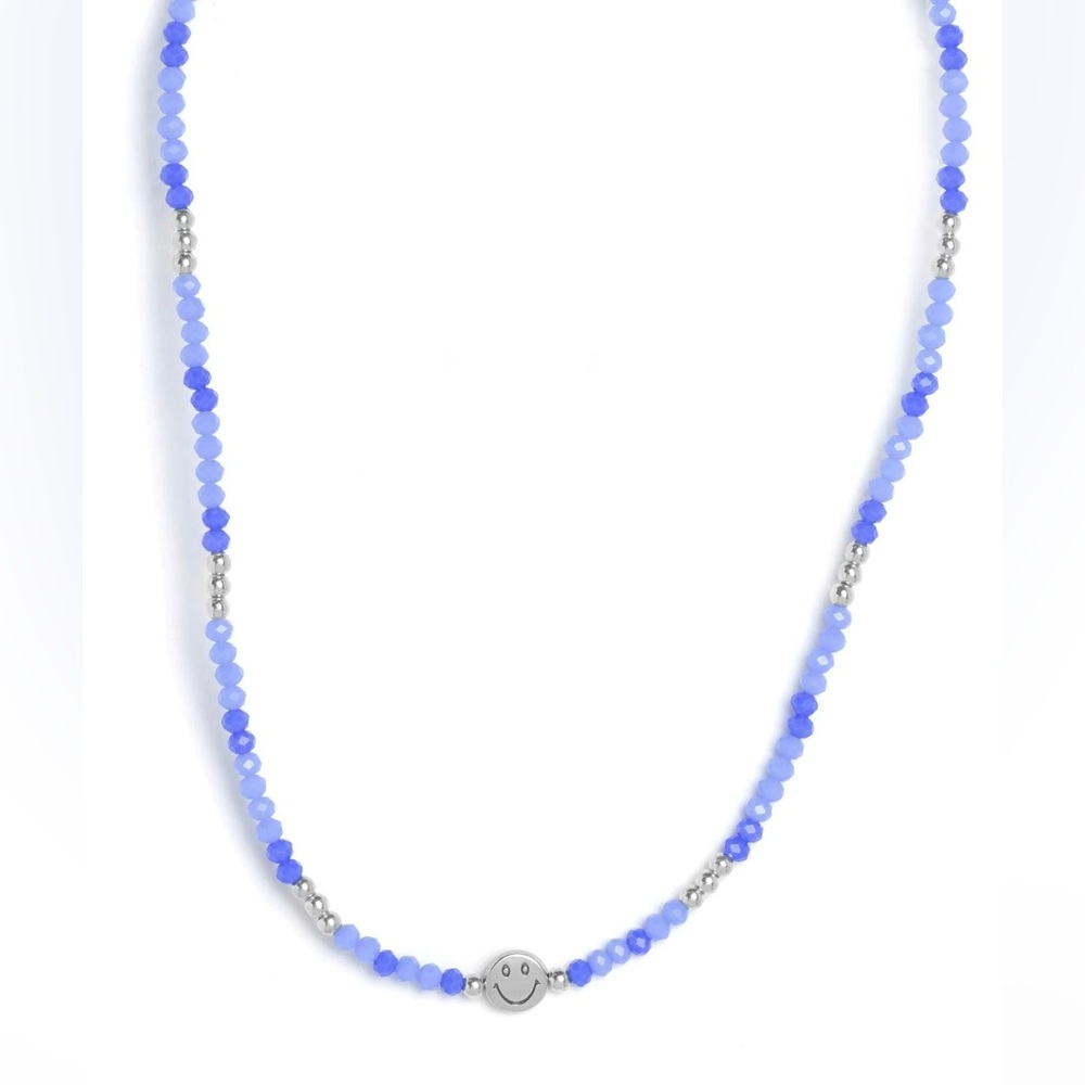 Blue Beaded Necklace with Silver Smiley Accent
